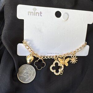 MINT Black CZ Clover Butterfly Heart Flower Goldtone Dangle Charm Bracelet 8" NE